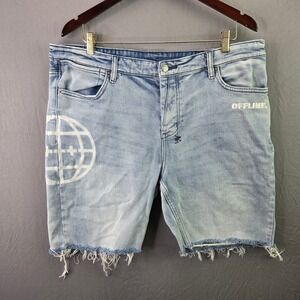 Ksubi Denim Shorts Mens 40 Light Blue Offline Globe Graphic Cut Off Raw Hem